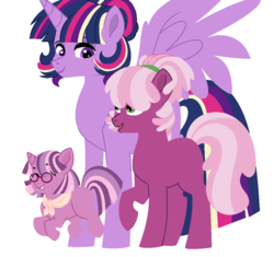 Size: 1000x940 | Tagged: safe, artist:rosebuddity, cheerilee, twilight sparkle, oc, oc:lilac radiance, alicorn, earth pony, pony, unicorn, g4, family, female, filly, glasses, height difference, lesbian, magical lesbian spawn, mare, missing cutie mark, offspring, parent:cheerilee, parent:twilight sparkle, parents:cheerilight, ship:cheerilight, shipping, simple background, twilight sparkle (alicorn), white background