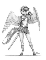 Size: 1060x1375 | Tagged: safe, artist:baron engel, scootaloo, anthro, unguligrade anthro, g4, clothes, female, grayscale, legs, miniskirt, monochrome, older, older scootaloo, pencil drawing, pleated skirt, school uniform, shinai, shoes, simple background, skirt, skirt lift, skirtaloo, socks, solo, sword, thighs, traditional art, weapon, white background