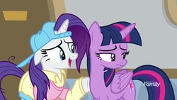 Size: 1920x1080 | Tagged: safe, screencap, rarity, twilight sparkle, alicorn, pony, friendship university, g4, backwards ballcap, baseball cap, cap, clothes, hat, plainity, twilight sparkle (alicorn)