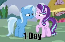 Size: 763x502 | Tagged: safe, edit, edited screencap, screencap, starlight glimmer, trixie, pony, unicorn, all bottled up, g4, road to friendship, season 8, animated, countdown, cute, duo, duo female, female, gif, happy, hug, mare, ponyville, text, this will end in trixie