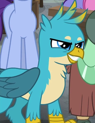 Size: 466x604 | Tagged: safe, screencap, gallus, november rain, yona, griffon, a rockhoof and a hard place, g4, adorabolical, beak, cropped, cute, evil grin, friendship student, gallabetes, grin, male, smiling, solo focus, teeth, wings