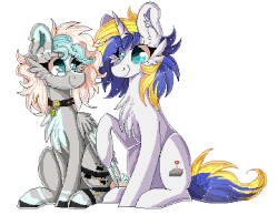 Size: 360x280 | Tagged: safe, artist:woonborg, oc, oc only, oc:double play, oc:wulfie shy, pegasus, pony, unicorn, :p, animated, boop, chest fluff, commission, digital art, duo, ear fluff, female, glasses, happy, jewelry, looking at each other, mare, necklace, pixel art, silly, simple background, sitting, smiling, tongue out, transparent background