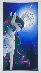 Size: 722x1280 | Tagged: safe, artist:nightmare-moons-throneroom, princess celestia, pony, g4, beautiful, female, implied princess luna, mare in the moon, moon, night, sad, scenery, solo, stars, traditional art, tree