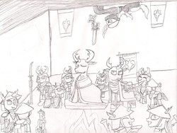 Size: 2189x1649 | Tagged: safe, artist:infinita est lux solis, ocellus, pharynx, queen chrysalis, soupling, thorax, changedling, changeling, g4, arquebus, ashigaru, dagger, king thorax, monochrome, ninja, pencil drawing, prince pharynx, samurai, shuriken, traditional art, weapon