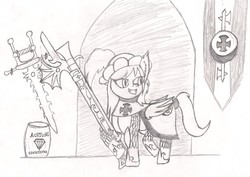 Size: 1862x1320 | Tagged: safe, artist:infinita est lux solis, oc, oc:lanceshaft, bat pony, arquebus, banner, barrel, german, halberd, landsknecht, night guard, teutonic knight, weapon, zweihander