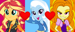 Size: 1302x554 | Tagged: safe, artist:themexicanpunisher, adagio dazzle, sunset shimmer, trixie, equestria girls, g4, my little pony equestria girls: better together, clothes, cyoa, female, geode of empathy, heart, lesbian, magical geodes, open mouth, pointing, request, ship:sunsagio, ship:suntrix, shipping, triagio
