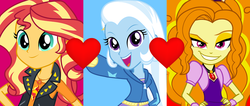 Size: 1302x554 | Tagged: safe, artist:themexicanpunisher, adagio dazzle, sunset shimmer, trixie, equestria girls, g4, my little pony equestria girls: better together, clothes, cyoa, female, geode of empathy, heart, lesbian, magical geodes, open mouth, pointing, request, ship:sunsagio, ship:suntrix, ship:triagio, shipping