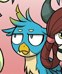 Size: 220x266 | Tagged: safe, artist:uotapo, edit, gallus, sandbar, yona, earth pony, griffon, pony, yak, g4, the hearth's warming club, comic, cropped, female, gallus is not amused, i can't believe it's not idw, male, offscreen character