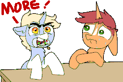 Size: 940x630 | Tagged: safe, artist:nootaz, oc, oc only, oc:game guard, oc:nootaz, pony, unicorn, animated, candy, crumch, dialogue, duo, eating, food, game grumps, nervous, ship:gametaz, simple background, sweat, ten minute power hour, transparent background