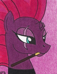 Size: 1611x2071 | Tagged: safe, artist:aracage, tempest shadow, pony, unicorn, g4, broken horn, bust, eye scar, female, food, horn, mouth hold, pocky, portrait, scar, simple background, solo, traditional art