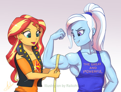 Size: 1338x1024 | Tagged: safe, artist:grissaecrim, sunset shimmer, trixie, equestria girls, equestria girls series, g4, armpits, bicep, clothes, commission, duo, duo female, female, fit, flexing, gradient background, grand and muscular trixie, great and powerful, measuring tape, muscles, muscular female, ponytail, signature, smiling, tank top