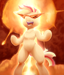 Size: 1600x1870 | Tagged: safe, artist:sea-maas, oc, oc only, oc:sea-maas, earth pony, pony, semi-anthro, angry, explosion, eyes closed, fire, kamina sunglasses, not sunset shimmer, open mouth, reference, solo, tengen toppa gurren lagann