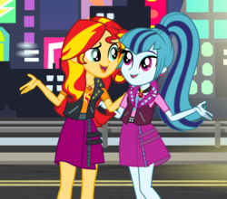 Size: 984x864 | Tagged: safe, artist:3d4d, artist:punzil504, artist:seahawk270, sonata dusk, sunset shimmer, equestria girls, g4, my little pony equestria girls: better together, my little pony equestria girls: rainbow rocks, clothes, clothes swap, duo, female, gem, geode of empathy, jacket, looking at each other, magical geodes, siren gem, vector