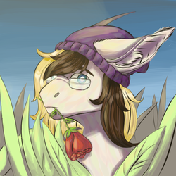 Size: 600x600 | Tagged: safe, artist:sinful stew, oc, oc only, oc:rory gigabyte, beanie, blue eyes, cute, ear fluff, flower, glasses, grass, grass field, hat, male, rose, sky, stallion, ych result