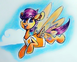 Size: 1023x820 | Tagged: safe, artist:smirk, scootaloo, g4, clothes, cover art, fanfic art, flying, traditional art, vest