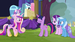 Size: 899x506 | Tagged: safe, screencap, princess cadance, princess flurry heart, starlight glimmer, trixie, twilight sparkle, alicorn, pony, unicorn, g4, road to friendship, animated, aunt and niece, awkward, baby, baby pony, butt shake, concerned, female, hoof shoes, mare, mother and daughter, nope, sisters-in-law, sunshine sunshine, trixie's wagon, twilight sparkle (alicorn)