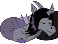 Size: 1600x1200 | Tagged: safe, artist:toyminator900, derpibooru exclusive, siren, cloven hooves, curved horn, fangs, fish tail, grin, hair over one eye, horn, kellin quinn, looking at you, male, open mouth, pillow, simple background, sleeping, sleeping with sirens, slit pupils, smiling, solo, teeth, tongue out, transparent background, true form
