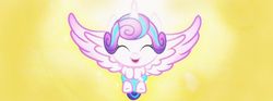 Size: 700x259 | Tagged: safe, screencap, princess flurry heart, pony, g4, the crystalling, baby, backlighting, cooing, cute, daaaaaaaaaaaw, diaper, eyes closed, female, flurrybetes, glowing, happy, large wings, open mouth, solo, spread wings, wings