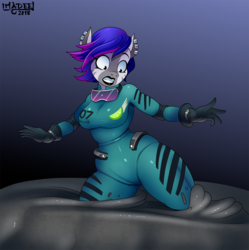 Size: 1075x1080 | Tagged: safe, artist:imadeej, oc, oc only, oc:joyeus, zebra, anthro, anthro oc, catsuit, cement, clothes, cyberpunk, dyed mane, ear piercing, female, gloves, latex, latex gloves, latex suit, lipstick, peril, piercing, quicksand, simple background, sinking, solo, thunder thighs, zebra oc