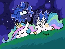 Size: 1280x956 | Tagged: dead source, safe, artist:greyscaleart, princess celestia, princess luna, alicorn, pony, g4, constellation freckles, ethereal mane, female, freckles, grass, majestic as fuck, mare, night, royal sisters, siblings, sisters, sleeping, spread wings, starry mane, tongue out, wings