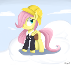 Size: 2092x1899 | Tagged: safe, artist:taurson, fluttershy, pegasus, pony, g4, atg 2018, clothes, cloud, female, filly, folded wings, hair over one eye, hat, kindergarten uniform, looking away, mare, nervous, newbie artist training grounds, saddle bag, wavy mouth, younger