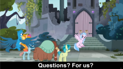 Size: 1920x1080 | Tagged: safe, edit, edited screencap, screencap, gallus, ocellus, sandbar, silverstream, smolder, yona, changedling, changeling, classical hippogriff, dragon, earth pony, griffon, hippogriff, pony, yak, comic:celestia's servant interview, g4, butt, caption, cs captions, female, interview, male, plot, student six