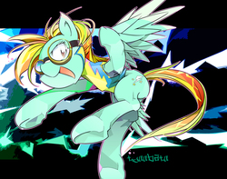 Size: 1600x1262 | Tagged: safe, artist:tyuubatu, lightning dust, pegasus, pony, g4, clothes, female, goggles, mare, open mouth, solo, underhoof, uniform, wonderbolts uniform