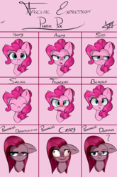 Size: 2800x4250 | Tagged: safe, artist:starmaster, pinkie pie, earth pony, pony, g4, angry, bemused, crazy face, disinterested, expressions, faic, female, happy, pinkamena diane pie, practice, sad, smiling, solo, tsundere
