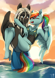 Size: 1400x2000 | Tagged: safe, artist:varllai, derpibooru exclusive, rainbow dash, oc, oc:stormfall, pegasus, anthro, plantigrade anthro, g4, anthro oc, arm around neck, barefoot, beach, breasts, bridal carry, canon x oc, carrying, clothes, cloud, commission, embrace, feet, female, male, mare, one eye closed, peace sign, shipping, smiling, stallion, straight, sunset, swimming trunks, swimsuit