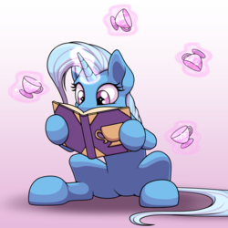 Size: 2000x2000 | Tagged: safe, artist:ohemo, trixie, pony, unicorn, g4, book, cup, cute, diatrixes, female, glowing horn, gradient background, high res, horn, magic, mare, reading, solo, teacup, that pony sure does love teacups