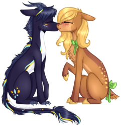 Size: 985x1023 | Tagged: safe, artist:sychia, oc, oc only, oc:azurite floss, oc:olive branch, deer pony, dracony, hybrid, original species, blushing, commission, couple, eyes closed, female, gift art, kissing, male, mare, oc x oc, olite, shipping, simple background, stallion, straight, transparent background