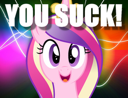 Size: 787x605 | Tagged: safe, princess cadance, alicorn, pony, g4, demotivational, dissonant caption, female, image macro, mare, meme, out of character, reaction image, solo, text, you suck