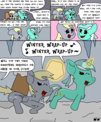 Size: 1000x1200 | Tagged: safe, artist:bjdazzle, derpy hooves, lyra heartstrings, pegasus, pony, unicorn, comic:accidental transit guardians, g4, winter wrap up, atg 2018, bouncing, box, breath, celebration, chibi, cold, comic, excited, female, happy, icicle, levitation, magic, mare, newbie artist training grounds, offscreen character, package, pronking, shivering, singing, snow, squint, telekinesis