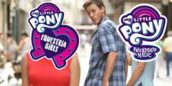 Size: 4096x2048 | Tagged: safe, equestria girls, equestria girls series, g4, adventure in the comments, derail in the comments, discussion in the comments, distracted boyfriend meme, equestria girls drama, equestria girls logo, logo, meme, my little pony logo, op started shit, opinion