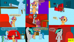 Size: 3648x2112 | Tagged: safe, artist:mellowbomb, rainbow dash, scootaloo, oc, oc:closingrain, comic:calamity fateful, g4, 1000 hours in ms paint, dialogue, high res