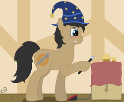Size: 3114x2564 | Tagged: safe, artist:cogsfixmore, oc, oc only, oc:cogs fixmore, earth pony, pony, box, cute, cutie mark, food, hat, high res, muffin, solo, wand, wizard hat