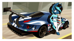 Size: 1920x1080 | Tagged: safe, artist:dori-to, oc, oc:midnite bastion, unicorn, anthro, car, commission, ford, ford gt, helmet, le mans, male, motorsport, race track, racecar, racing suit, stallion
