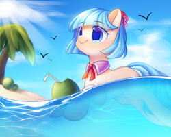 Size: 2500x2000 | Tagged: safe, artist:leafywind, coco pommel, bird, earth pony, pony, g4, beach, blushing, clothes, cloud, cocobetes, coconut, coconut cup, cute, drink, female, flower, flower in hair, food, fruit, high res, mare, missing cutie mark, necktie, outdoors, palm tree, partially submerged, sand, sky, smiling, solo, starry eyes, stars, straw, swimming, tree, water, wingding eyes