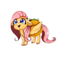 Size: 3200x3500 | Tagged: safe, artist:miokomata, fluttershy, pegasus, pony, g4, chest fluff, clothes, costume, cute, ear fluff, female, filly, floppy ears, folded wings, food, food costume, freckles, happy, high res, open mouth, ponies in food, raised hoof, raised leg, shoulder fluff, shyabetes, simple background, smiling, solo, taco, taco costume, transparent background, wing fluff, wings