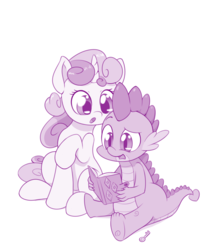 Size: 800x929 | Tagged: safe, artist:dstears, spike, sweetie belle, dragon, pony, unicorn, g4, diary, duo, female, filly, implied rarity, male, monochrome, newbie artist training grounds, purple, simple background, this will end in death, this will end in tears and/or death, white background