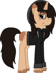 Size: 1763x2300 | Tagged: safe, artist:thefinnyfinnfinn, oc, oc only, pony, unicorn, clothes, ear piercing, earring, glasses, hoodie, jewelry, piercing, simple background, solo, transparent background