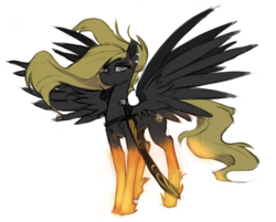 Size: 1160x931 | Tagged: safe, artist:nsilverdraws, edit, oc, oc only, oc:conquest, horse, pegasus, pony, background removed, blonde, colored pupils, conquest, ear piercing, earring, female, flowing mane, flowing tail, four horsemen of the apocalypse, four wings, frown, glowing, glowing hooves, hoof fluff, jewelry, leg fluff, lidded eyes, looking at you, majestic, makeup, mare, piercing, scabbard, simple background, spread wings, sundown clan, sword, transparent background, weapon, white eyes, wind, wings