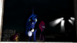 Size: 2000x1125 | Tagged: safe, artist:johnnyxluna, princess luna, scootaloo, tempest shadow, pony, g4, 3d, giant pony, glowing eyes, hoof shoes, indoors, looking at something, looking at you, macro, military base, night, smiling, source filmmaker, window