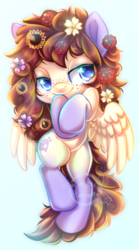 Size: 511x919 | Tagged: safe, artist:cabbage-arts, oc, oc only, oc:sweet lullaby, pegasus, pony, blue eyes, commission, commissioner:skye, cute, female, flower, flower in hair, long mane, mane, on back, pegasus oc, simple background, solo, wings