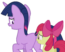 Size: 871x701 | Tagged: artist needed, safe, apple bloom, twilight sparkle, earth pony, pony, g4, butt, eyes on the prize, female, filly, foal, lesbian, looking at butt, mare, missing cutie mark, plot, ship:twibloom, shipping, simple background, twilight is a foal fiddler, unsure, white background