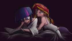 Size: 3594x2021 | Tagged: dead source, safe, artist:nowego, sci-twi, sunset shimmer, twilight sparkle, human, equestria girls, g4, bed, book, clothes, dark background, duo, female, glasses, high res, humanized, lesbian, reading, ship:sci-twishimmer, ship:sunsetsparkle, shipping