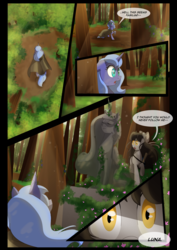 Size: 1240x1754 | Tagged: safe, artist:lunarcakez, princess luna, oc, oc:mazzy, earth pony, pony, comic:the origins of hollow shades, g4, bow, comic, female, forest, hair bow, mare, s1 luna, statue