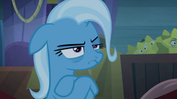 Size: 1280x720 | Tagged: safe, screencap, trixie, pony, unicorn, g4, road to friendship, bags under eyes, crossed hooves, female, floppy ears, frown, mare, solo, tired, trixie is not amused, unamused