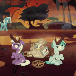 Size: 600x600 | Tagged: safe, screencap, appointed rounds, rainy day, starlight glimmer, trixie, pegasus, pony, unicorn, g4, road to friendship, animated, background pony, bickering, cropped, female, fire, fire swamp, flame geyser, gif, mailmare, mailpony, mare, sitting, swamp, trixie's wagon, wagon, we're friendship bound