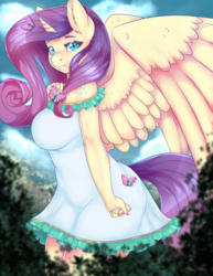 Size: 990x1280 | Tagged: safe, artist:cheezayballz, fluttershy, rarity, alicorn, anthro, g4, breasts, busty fluttershy, clothes, dress, female, fusion, mare, smiling, solo